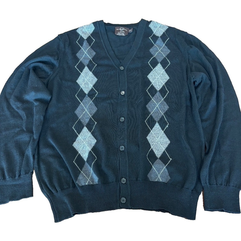 Black Brown 1826 V- neck merino wool argyle cardigan sweater mens' size XL